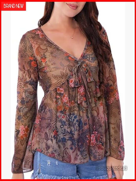 Tops - Bell Sleeve Boho Peplum Mesh V Neck Blouse Tie Front Vacation Top